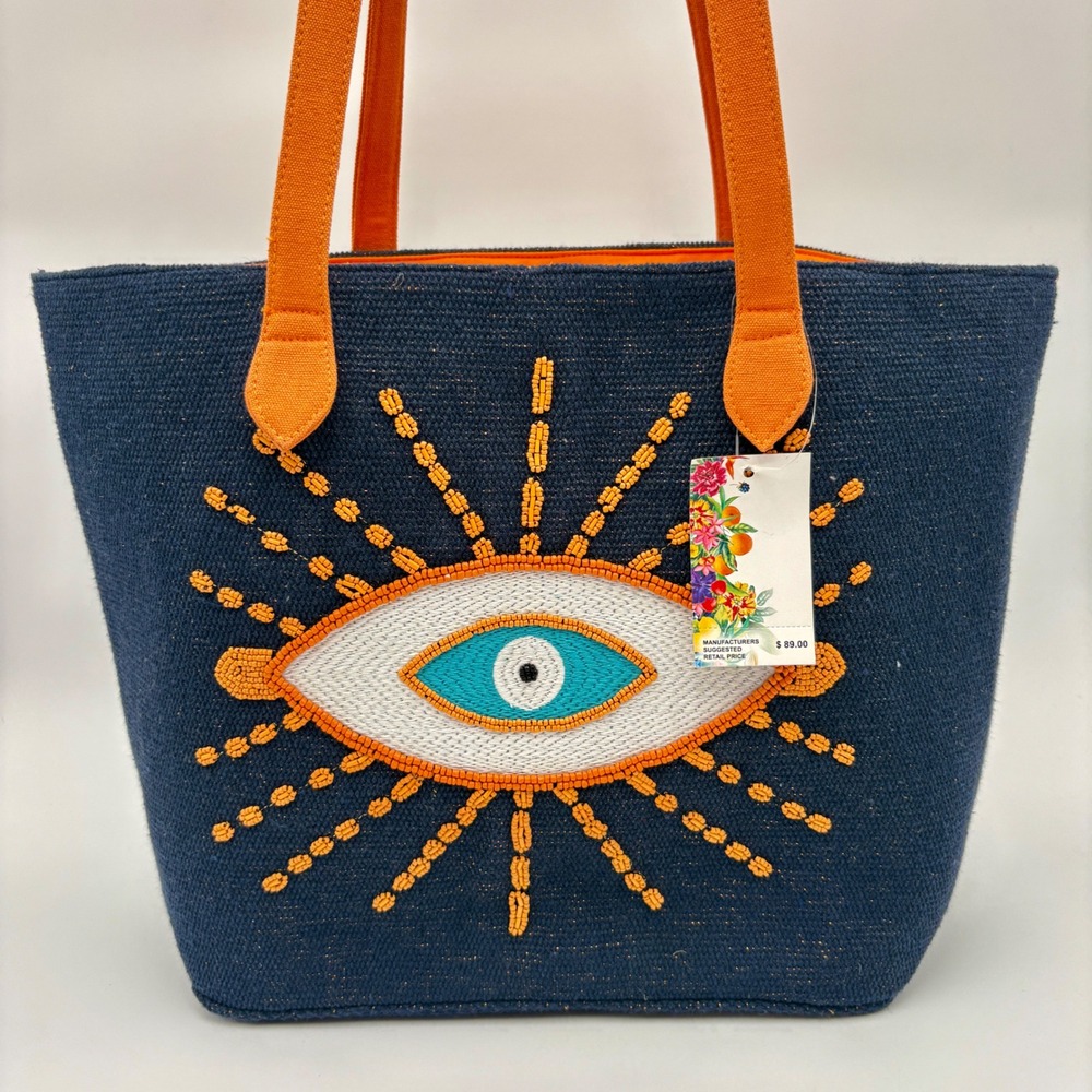 Embroidered Evil Eye Tote Bag Navy‎ Orange Beach Bag Shopper Travel Bag